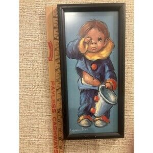 Leighton Jones Framed Signed Clown Child Acrylic Painting on Canvas, Small 13x6"